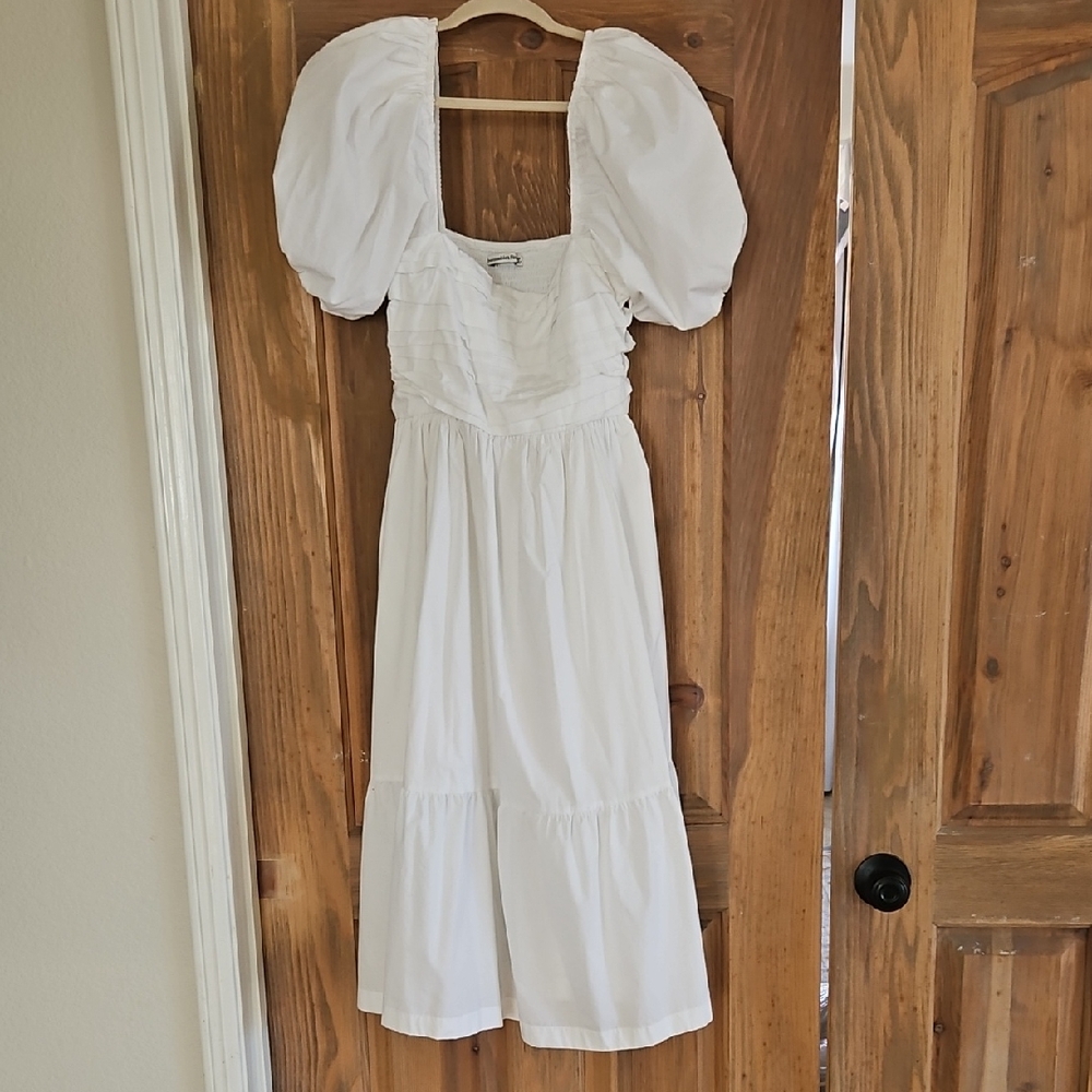 Abercrombie & Fitch Emerson White Puff Sleeve Midi Dress